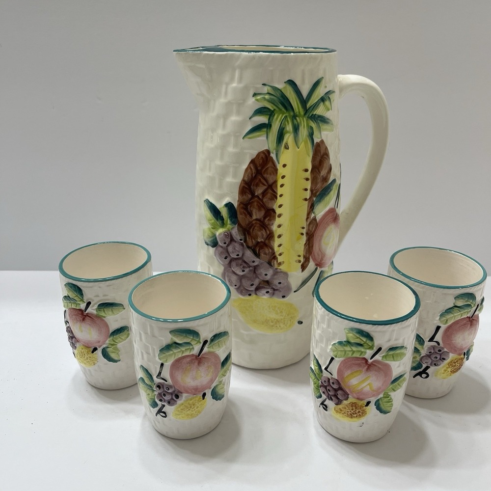 Vintage Hand-Painted Ceramic Picture Basket Weave Tropical Fruit 5 Tumblers